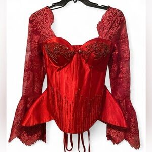 Elegant Red Lace Beaded Corset Top